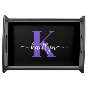 Black Purple Script Monogram Serving Tray