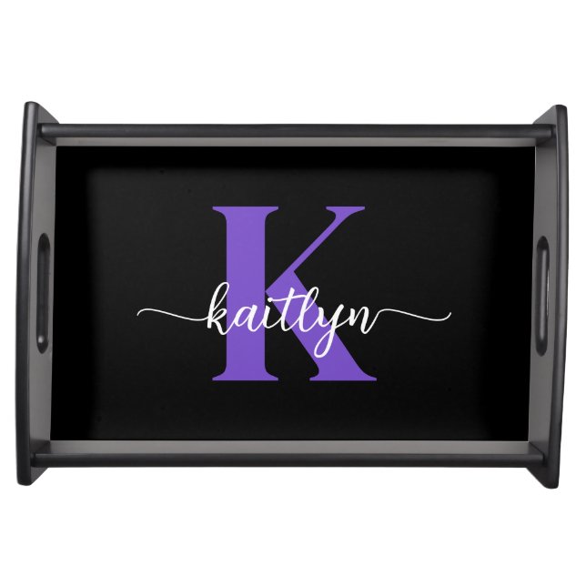 Black Purple Script Monogram Serving Tray (Front)