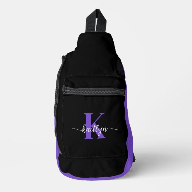 Black Purple Script Monogram Sling Bag (Front)