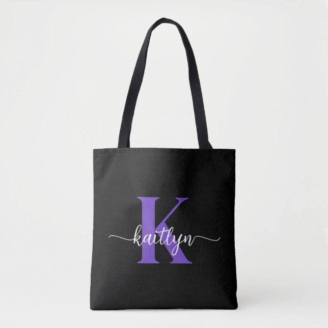 Black Purple Script Monogram Tote Bag (Front)