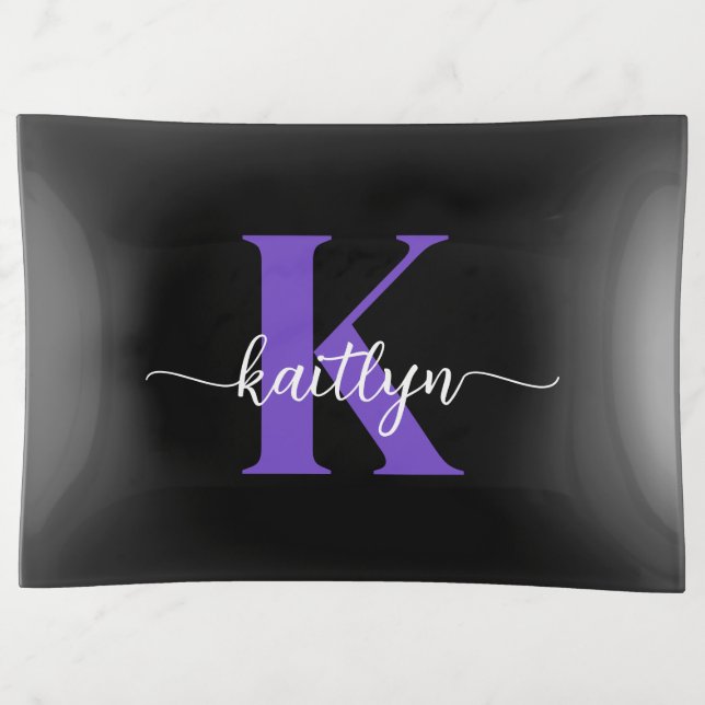Black Purple Script Monogram Trinket Tray (Front)
