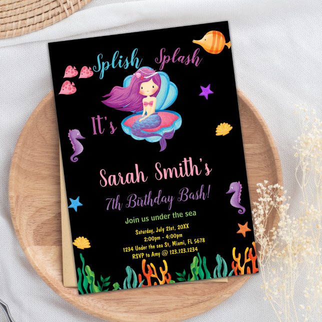 Black Purple Shell Mermaid Birthday Invitations (Black Purple Shell Mermaid Birthday Invitations)