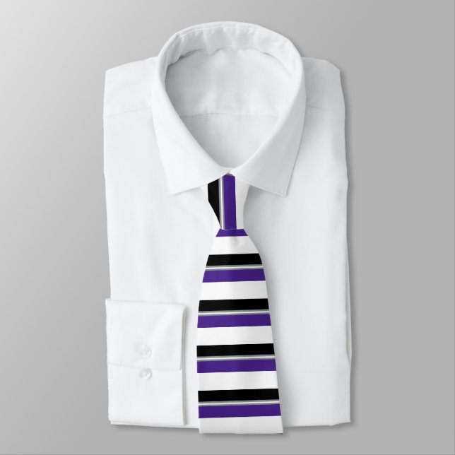 Black Purple Silver and White Banded Tie (Tied)