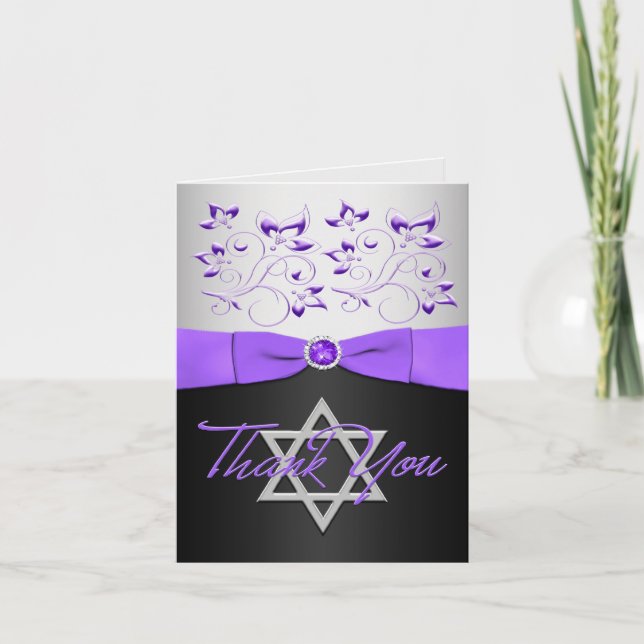 Black, Purple, Silver, Bat Mitzvah Thank You Card (Front)