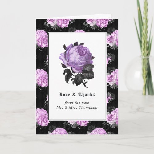 Black Purple  Silver Floral Gothic Wedding Photo Thank You Card