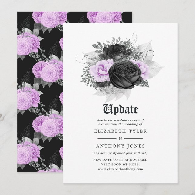 Black Purple & Silver Floral Gothic Wedding Update Invitation (Front/Back)
