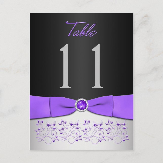 Black, Purple, Silver Floral Table Number Postcard (Front)