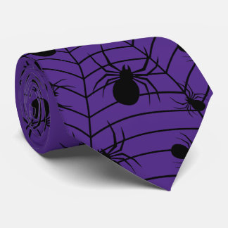 Black Purple spiders spiderweb Halloween pattern Neck Tie
