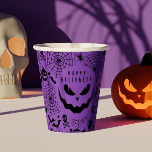 Black & Purple Spooky Pumpkin Face Happy Halloween Paper Cups
