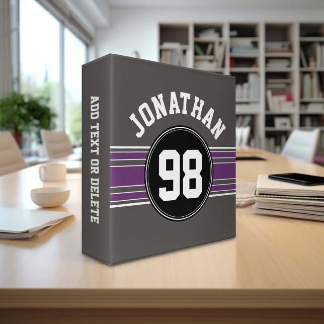 Black Purple Sports Jersey Stripes Name Number 3 Ring Binder (Personalized 3-ring binder with a sports theme - football jersey with name and custom text)