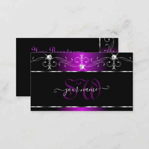 Black Purple Squiggles Sparkling Diamonds Monogram Business Card