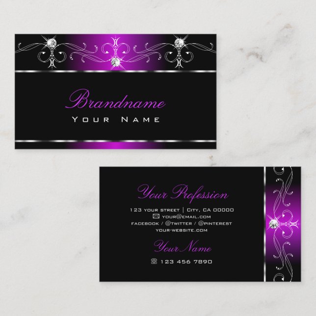 Black Purple Squiggles Sparkling Diamonds Ornate Business Card (Front/Back)