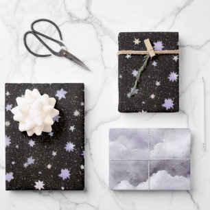 Black Purple Stars Clouds Birthday Wrapping Paper Sheets
