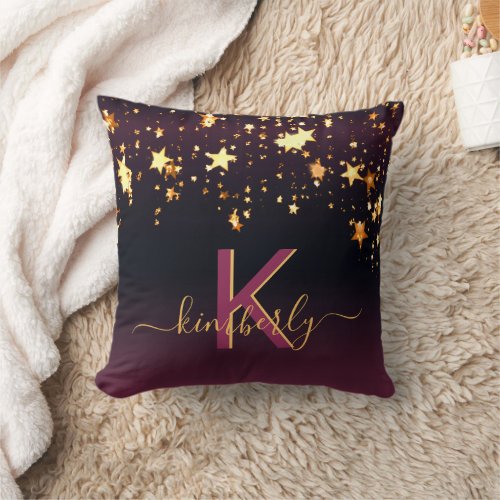 Black purple stars gold monogram throw pillow