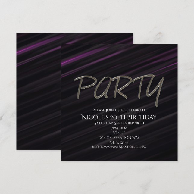 Black & Purple Streaks Birthday Party Invitation (Front/Back)