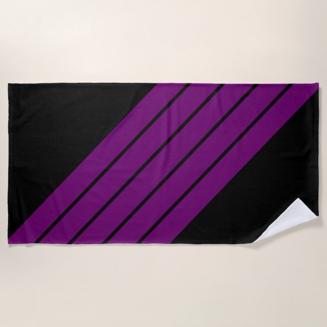 Black Purple Striped 70s 80s Retro Racing Stripes Beach Towel (Front)