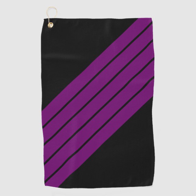 Black Purple Striped 70s 80s Retro Racing Stripes Golf Towel (Front)