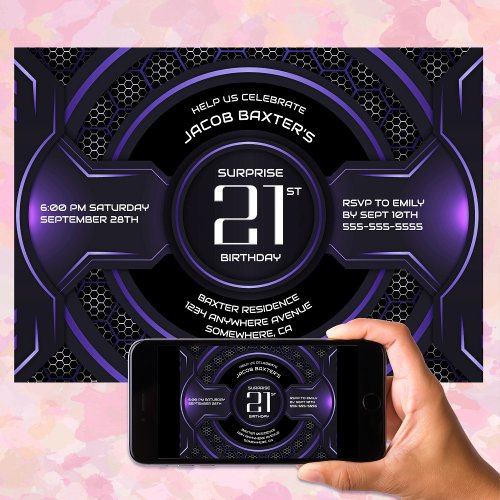 Black Purple Surprise 21st Birthday Party Invitation