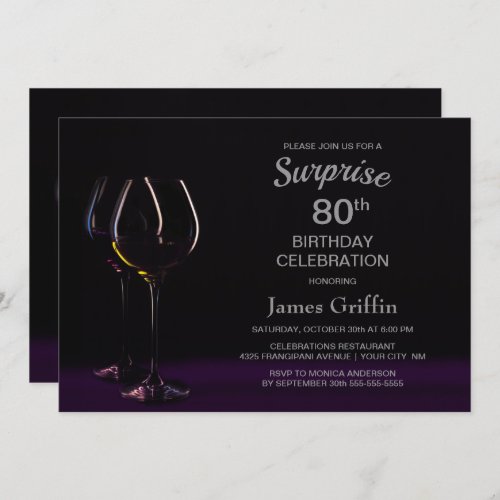 Black Purple Surprise 80th Birthday Wine Glass Invitation
