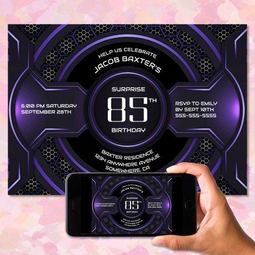 Black Purple Surprise 85th Birthday Party Invitation