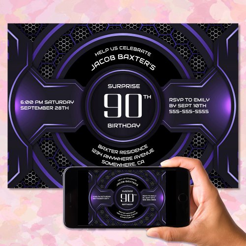 Black Purple Surprise 90th Birthday Party Invitation