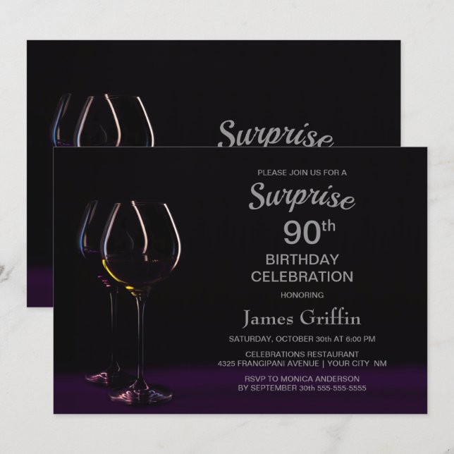 Black Purple Surprise 90th Birthday Wine Glass Invitation (Front/Back)