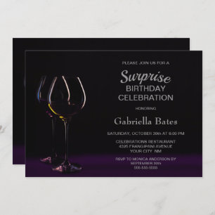Black Purple Surprise Birthday Wine Glass Party Invitation