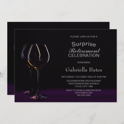 Black Purple Surprise Retirement Wine Glass Party Invitation