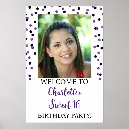 Black Purple Sweet 16 Birthday Custom 12x18  Poster