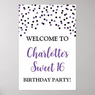 Black Purple Sweet 16 Birthday Custom 12x18 Poster