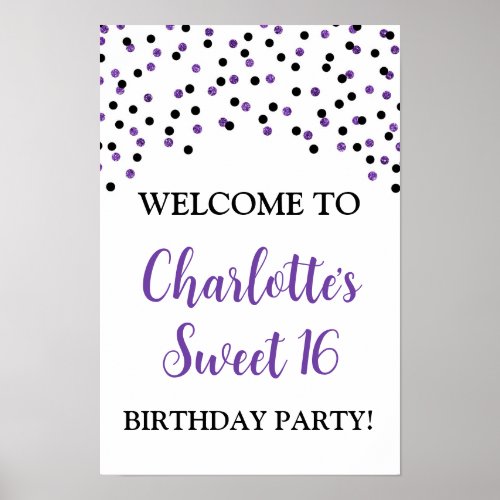 Black Purple Sweet 16 Birthday Custom 12x18 Poster