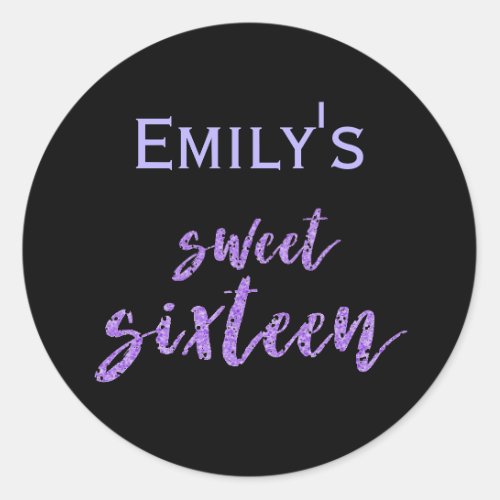Black Purple Sweet 16 with Name Classic Round Sticker