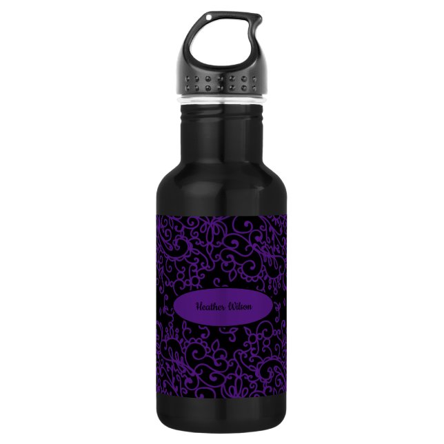 Black Purple Swirl Water Bottle with Name (Front)