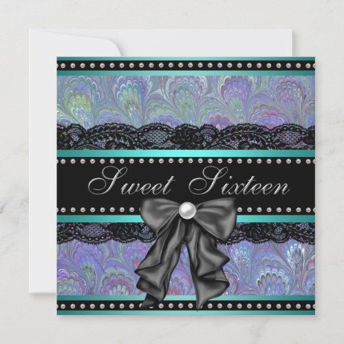 Black Purple Teal Blue Sweet 16 Birthday Party Invitation