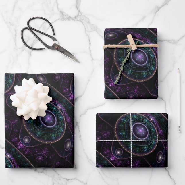 Black Purple Teal Glow Magic Sphere Pattern Wrapping Paper Sheets (Front)