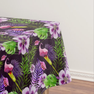 Black purple tropical flora watercolor pattern tablecloth