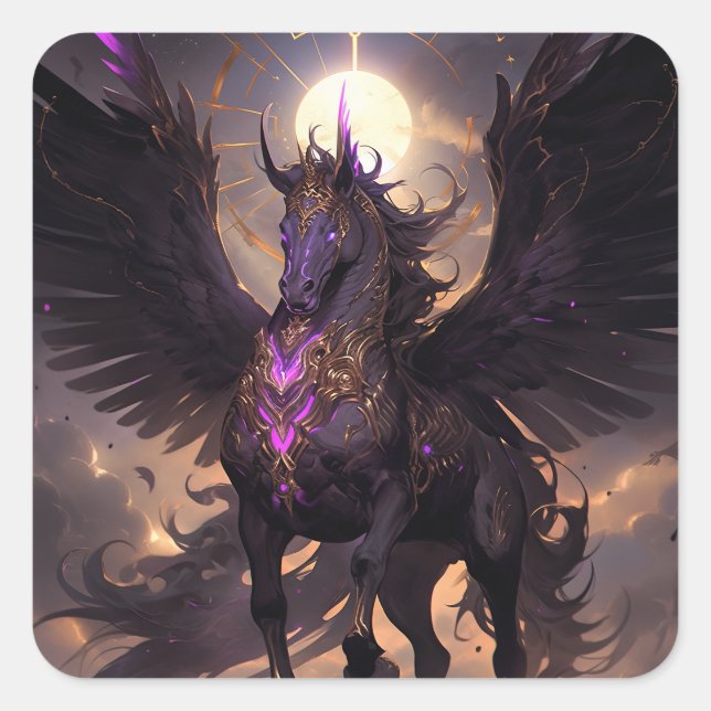 Black Purple Unicorn Fantasy Art Square Sticker (Front)