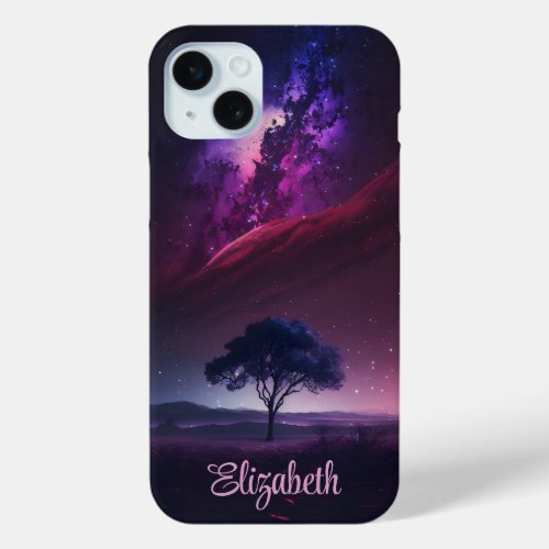 Black Purple Universe Tree Starry Night Name iPhone 15 Plus Case
