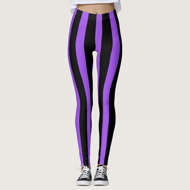 Black & Purple Vertical Stripes Halloween Costume Leggings (Front)