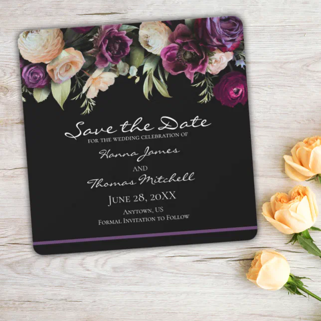 Black Purple Vintage Romantic Moody Floral Wedding Save The Date | Zazzle