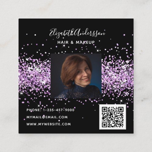 Black purple violet glitter profile photo qr code square business card