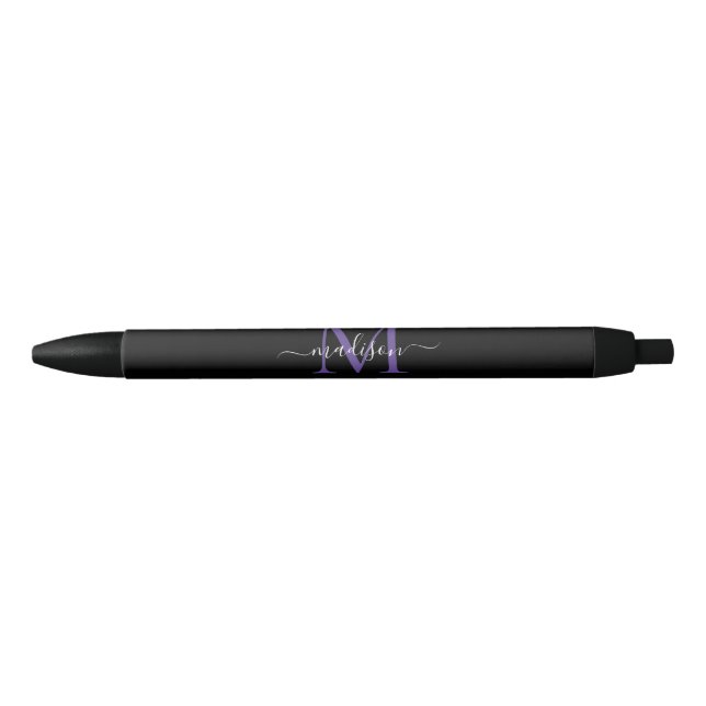 Black Purple Violet Monogram Elegant Script Name Pen (Front)