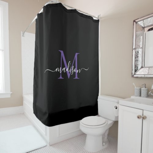 Black Purple Violet Monogram Feminine Script Name Shower Curtain