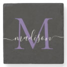 Black Purple Violet Monogram Feminine Script Name Stone Coaster Black Purple Violet Monogram Feminine Script Name Stone Coaster