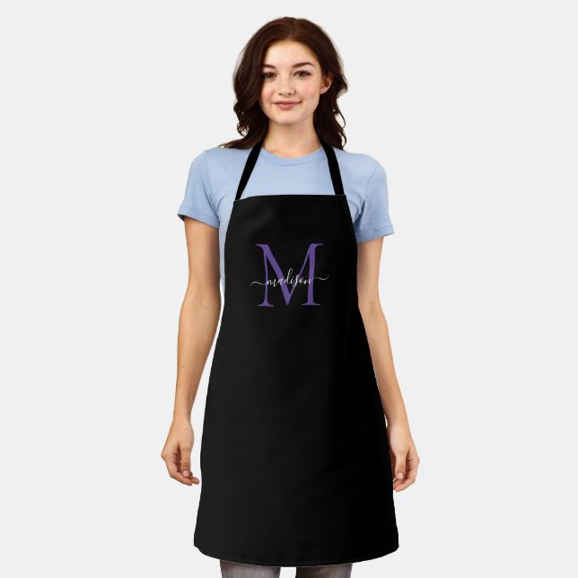 Black Purple Violet Monogram Girly Feminine Script Apron (Worn)
