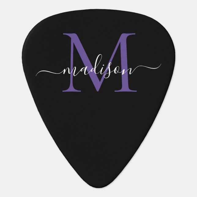 Black Purple Violet Monogram Girly Feminine Script Guitar Pick (Front)