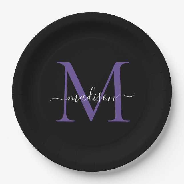 Black Purple Violet Monogram Modern Elegant Script Paper Plates (Front)