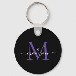 Black Purple Violet Monogram Name Elegant Script Keychain