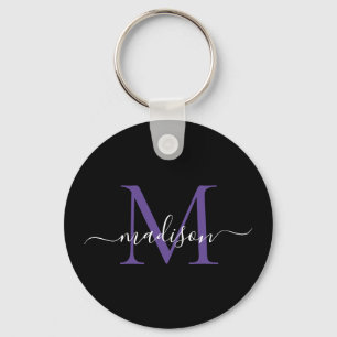 Black Purple Violet Monogram Name Elegant Script Keychain