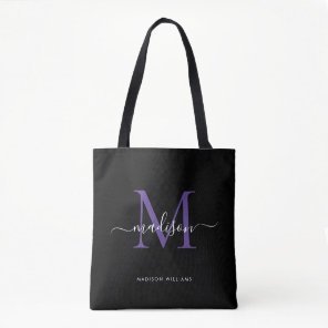Black Purple Violet Monogram Script Name Initial Tote Bag